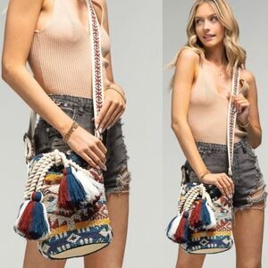 Bohemian Bucket Shoulder Bag Najavo Pattern Handwoven Cotton NWT
